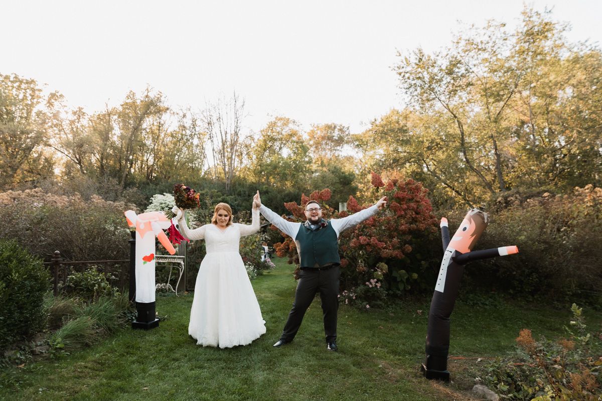 Wedding celebration sequence in an outdoor garden setting with natural autumn scenery.