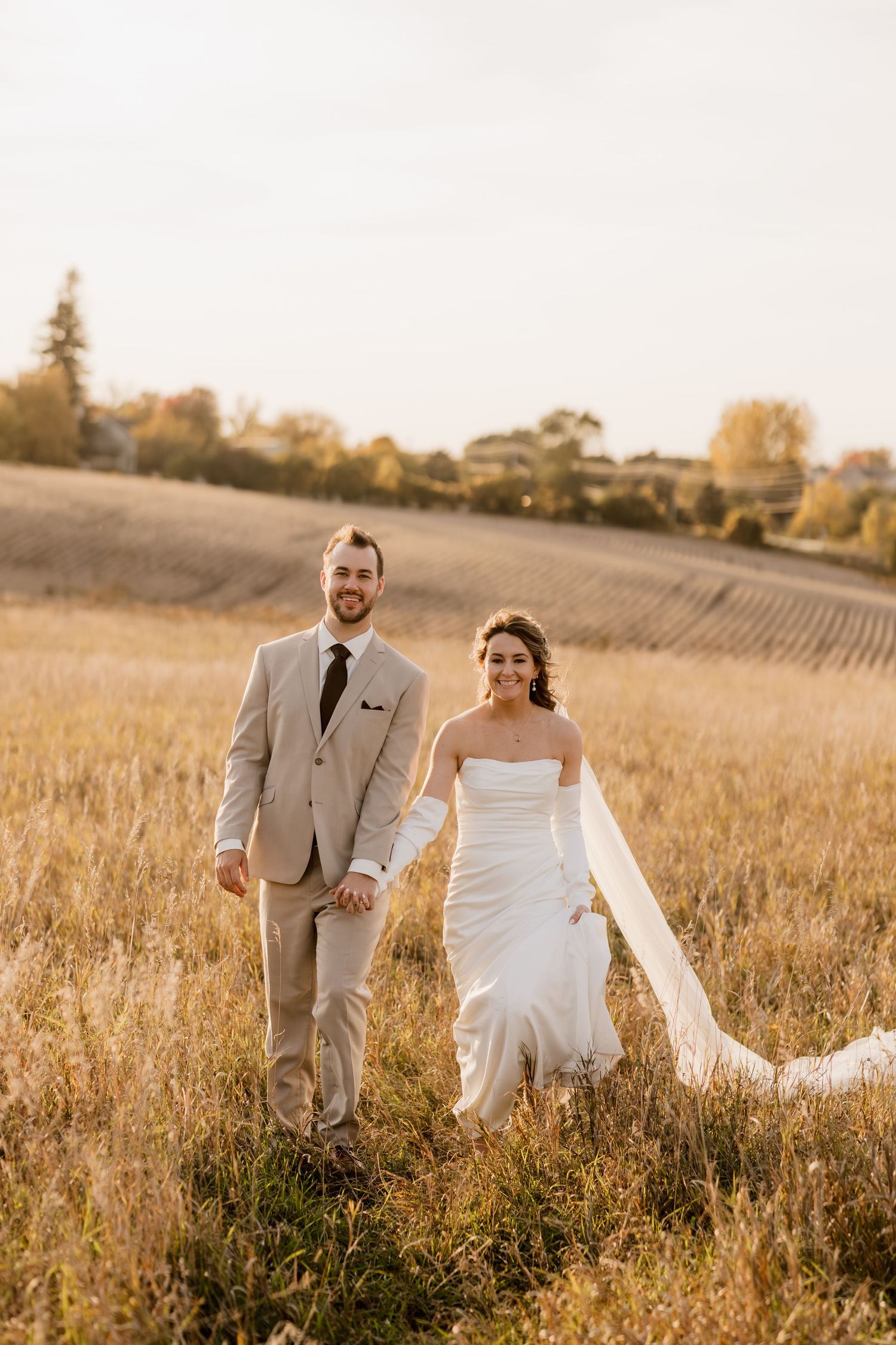 Bride in a strapless white gown with a long veil and groom in a tan suit walk hand in hand through a golden field at sunset.