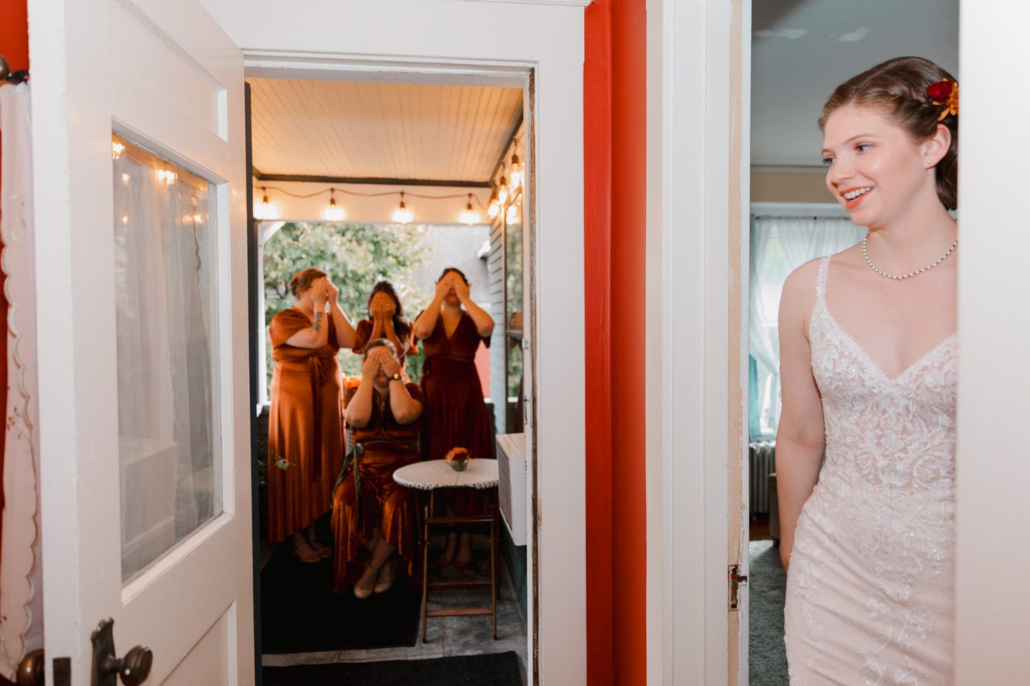 A collage of wedding dress shopping moments showing fitting room mirrors and bridal gowns.