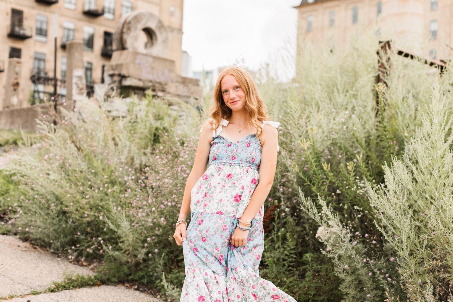 A collage of garden photo sessions showing floral dresses against natural greenery and stone architecture.