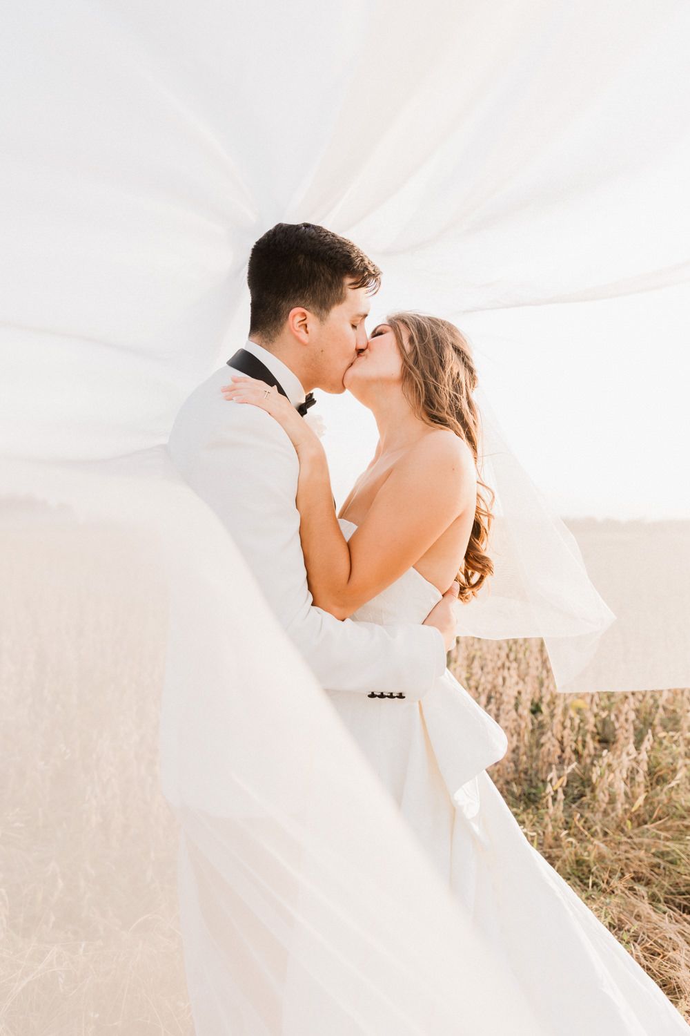 Couple shares intimate moment in wheat field with bride's veil floating in breeze.