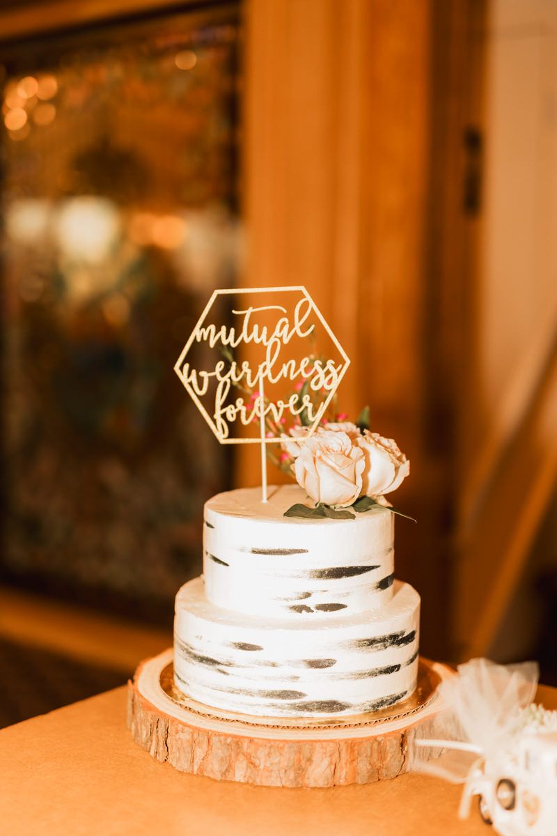 White wedding cake with geometric wire topper on wooden slice base.