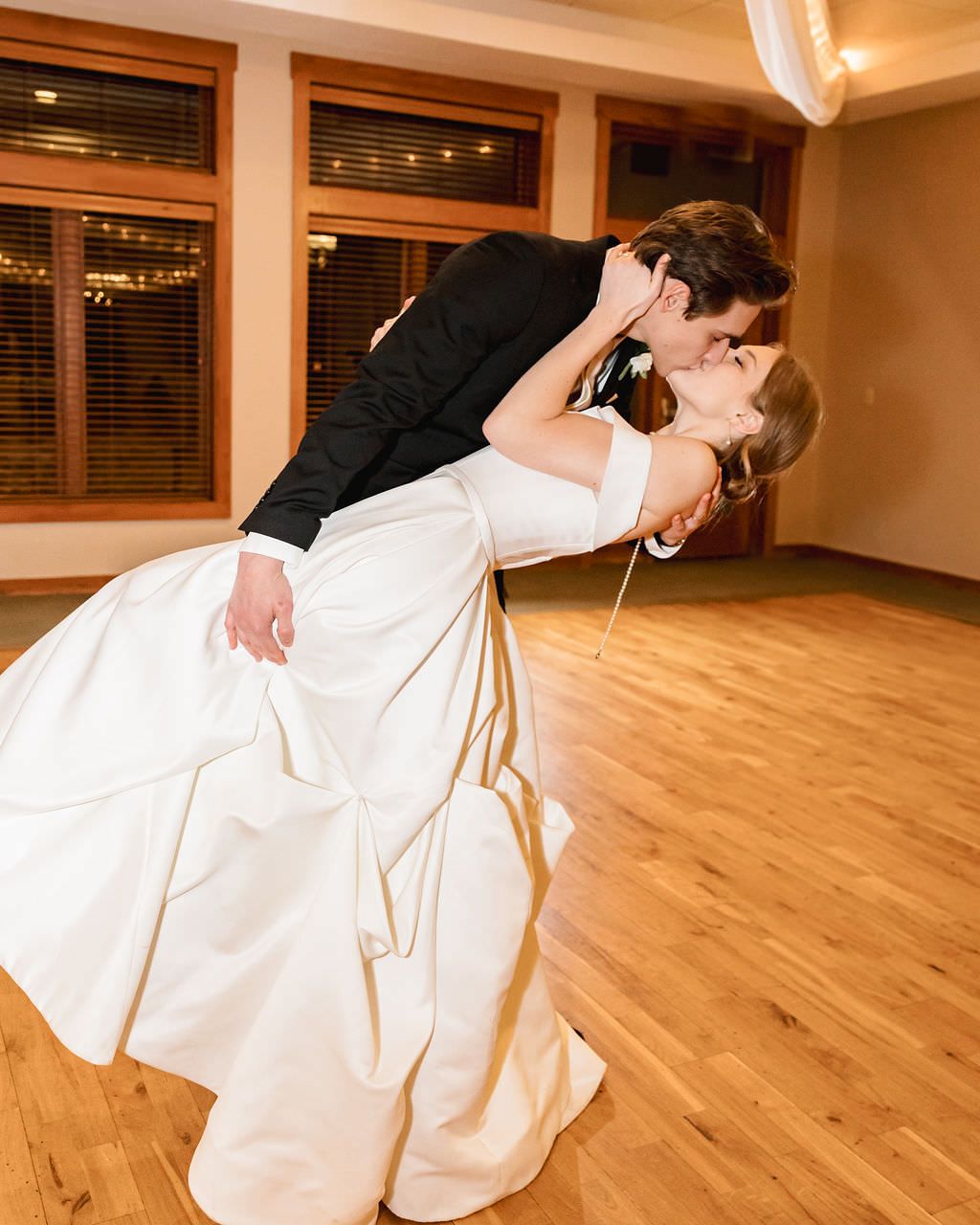 Ballroom dance series showing dramatic spins and movement on hardwood floors.