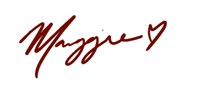 Maggie cursive signature in dark red ink with a small heart symbol on white background.