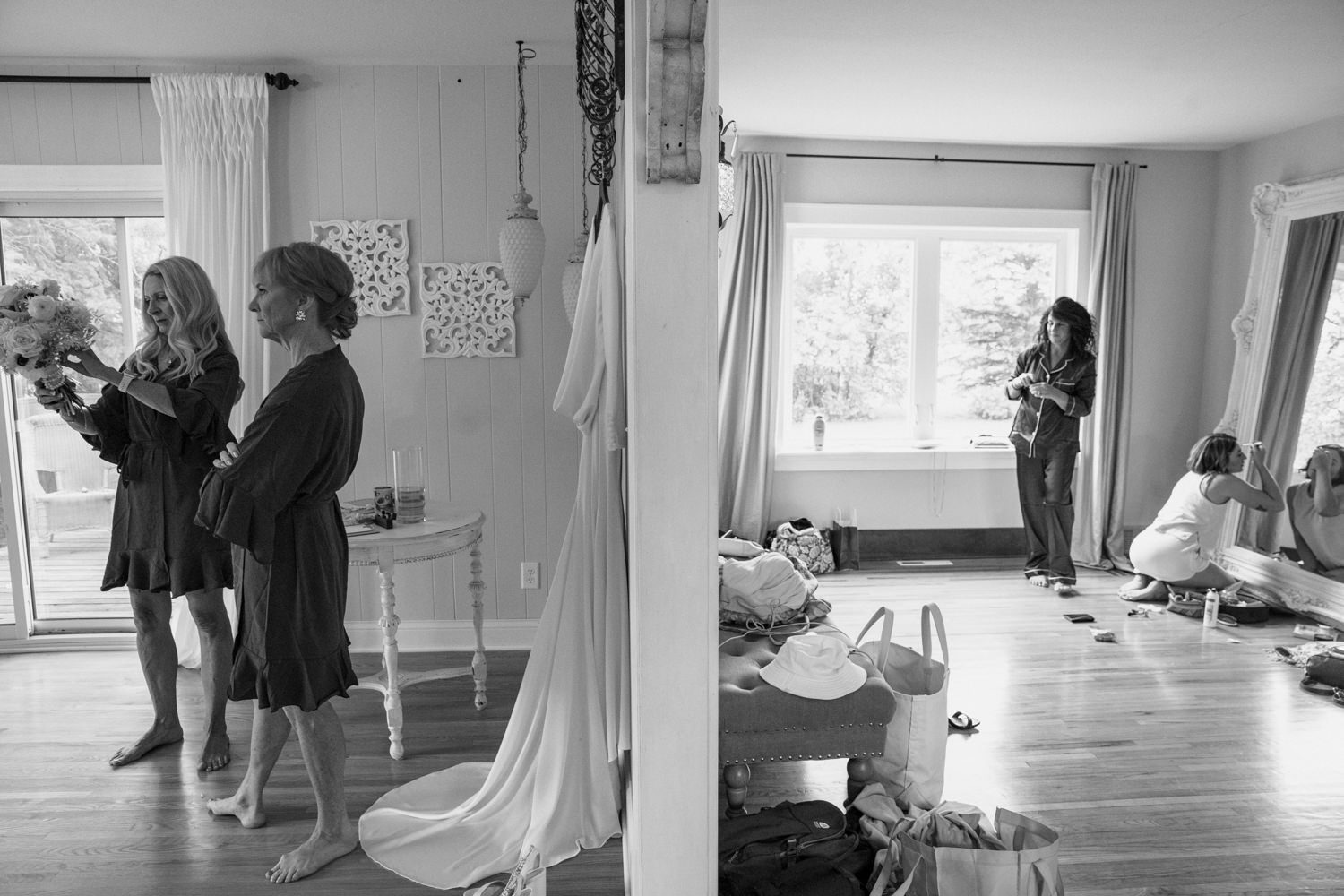 Black and white images of a photography session in a bright interior space with natural light.