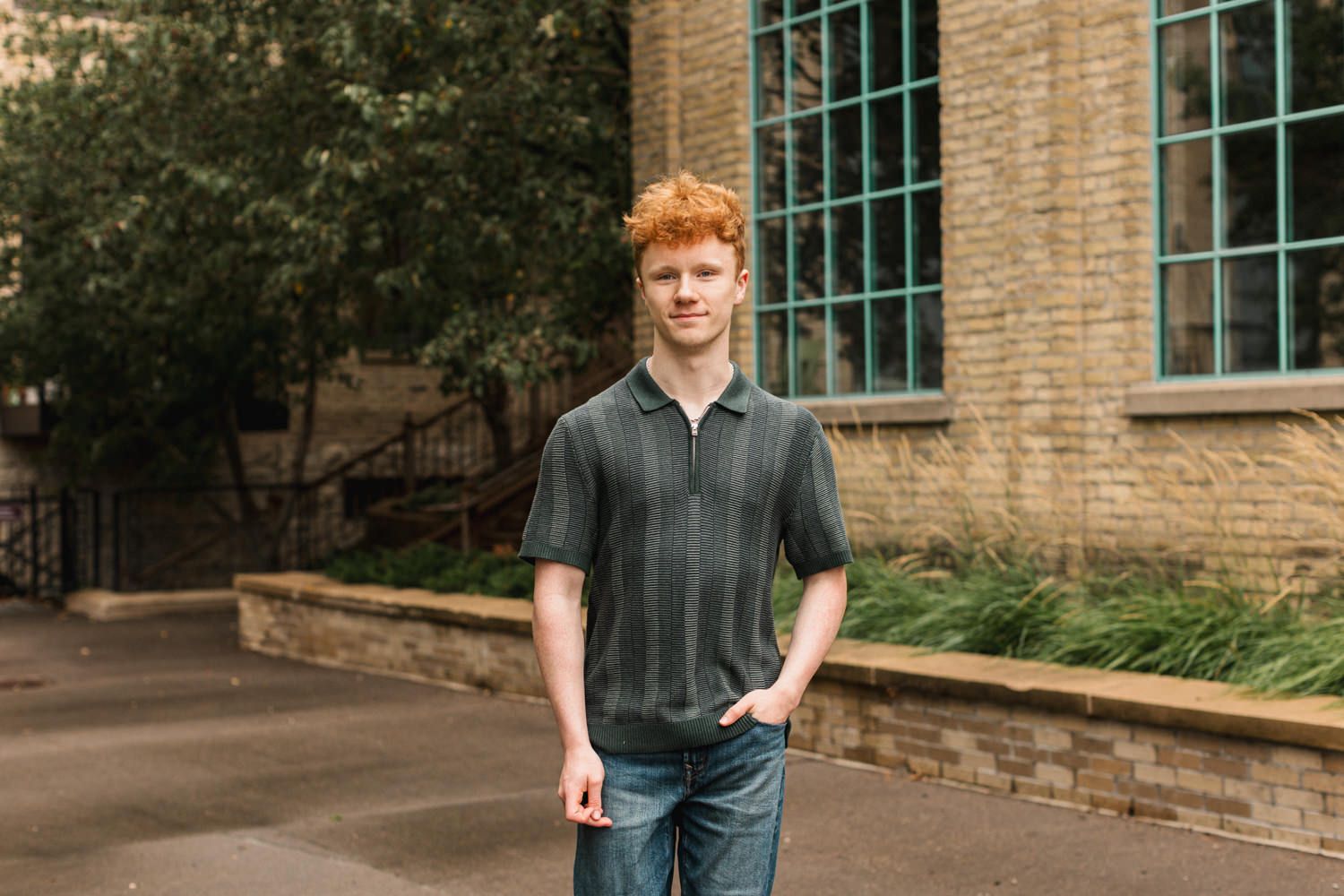 Five images show someone posing outdoors against a brick building exterior with large windows.