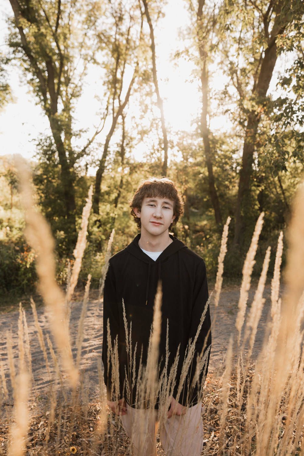 A person in a black jacket stands among tall birch trees and golden grasses at sunset.