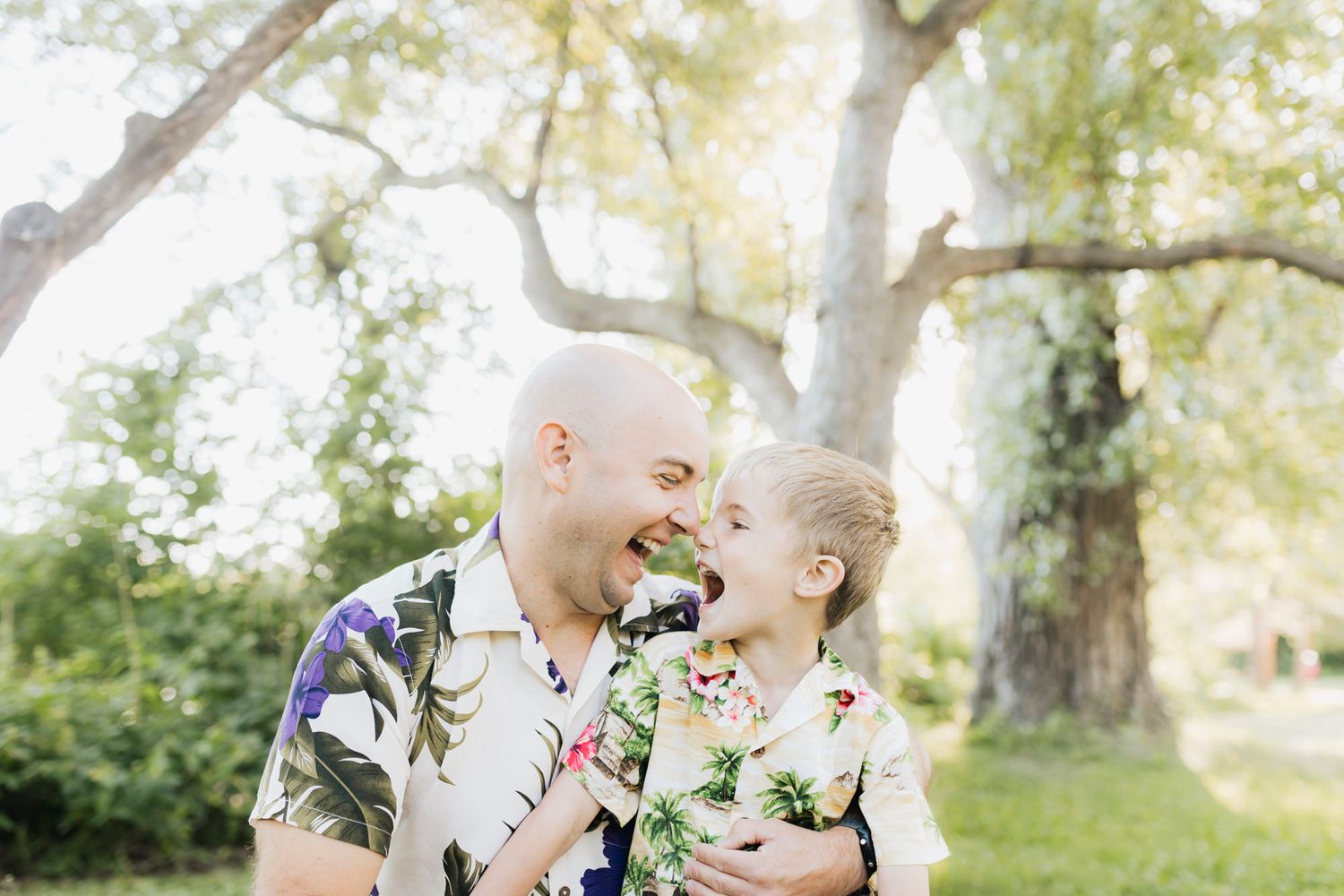 Candid outdoor family photo session in a sunlit wooded area with natural greenery and trees.