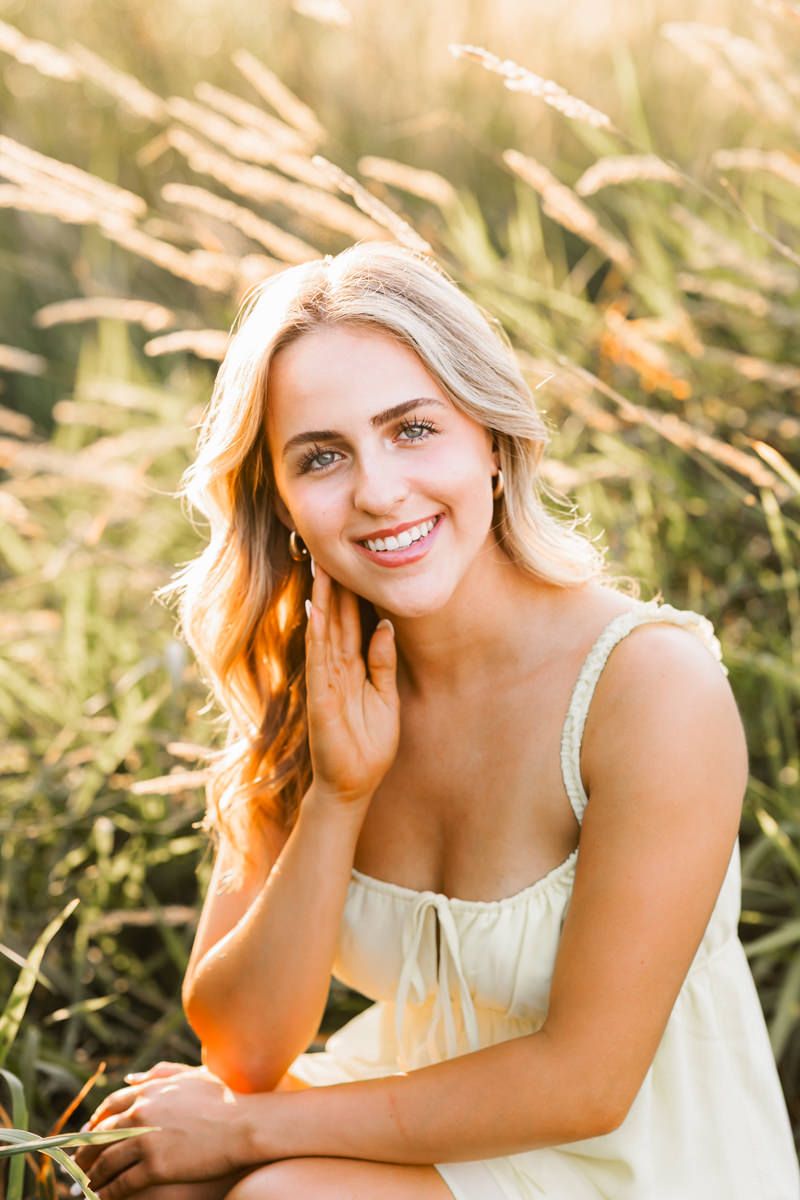 A series of candid outdoor portraits at golden hour showing joyful expressions in a natural garden setting.
