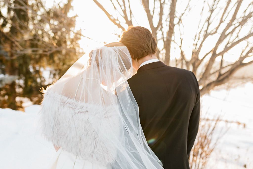 Snowy winter wedding portraits with trees creating a romantic backdrop.