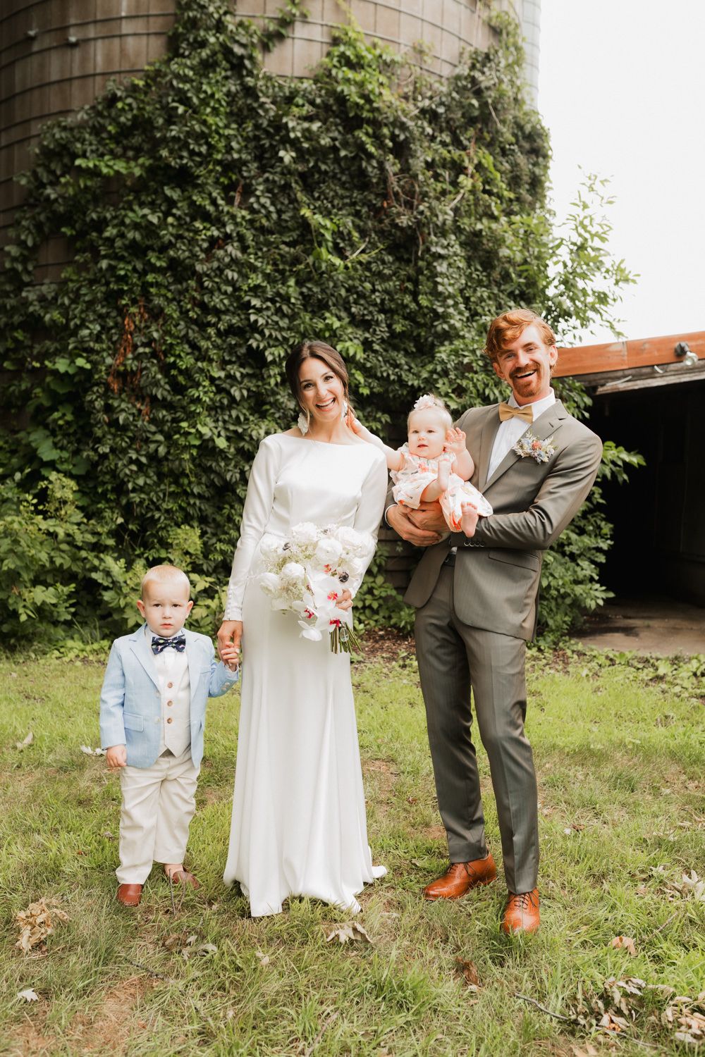 A sequence of candid outdoor wedding photos showing joyful moments against an ivy-covered backdrop.