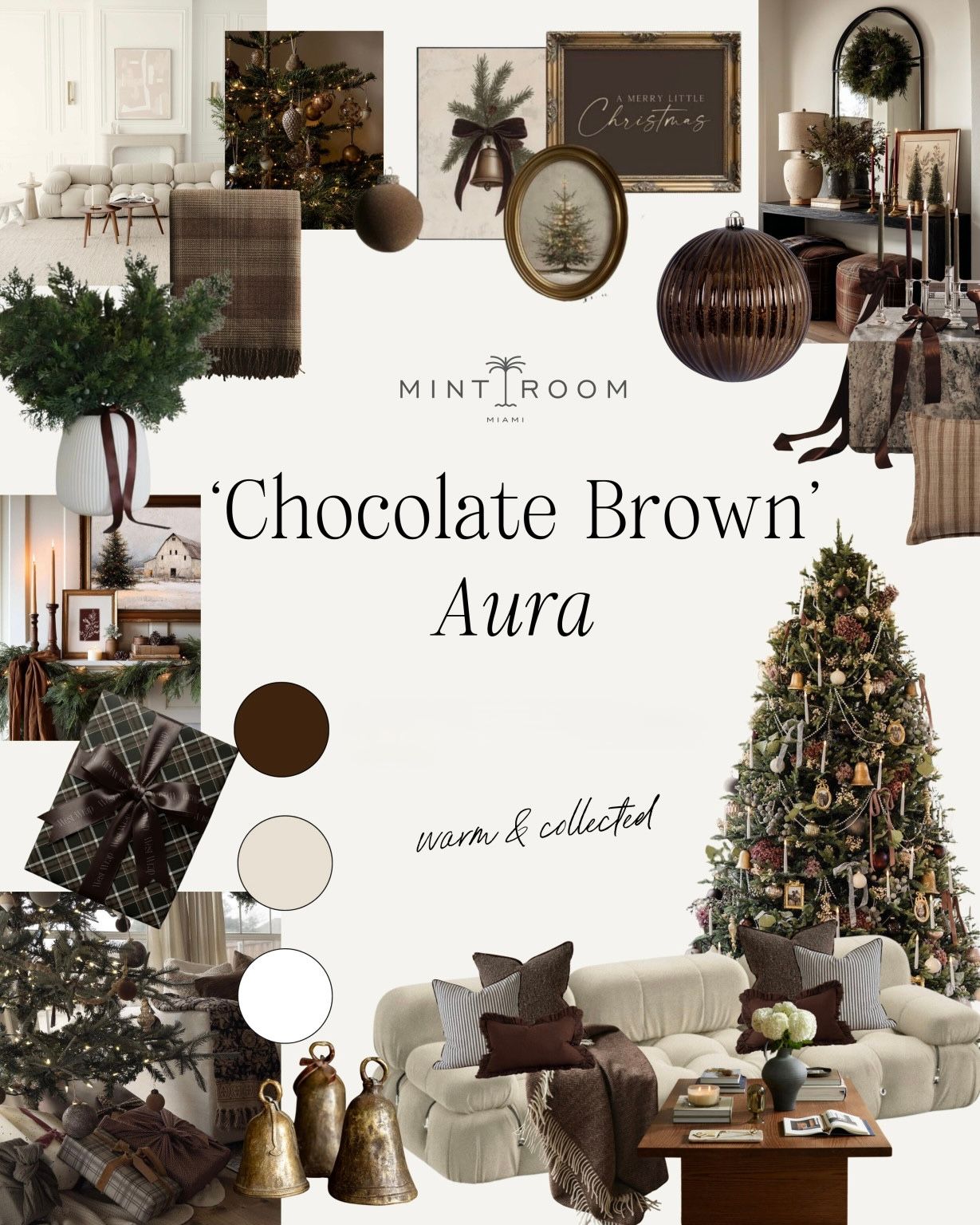 A chocolate brown Christmas mood board featuring cozy plaid textures, rich dark ornaments, a decorated tree, and warm neutral tones.