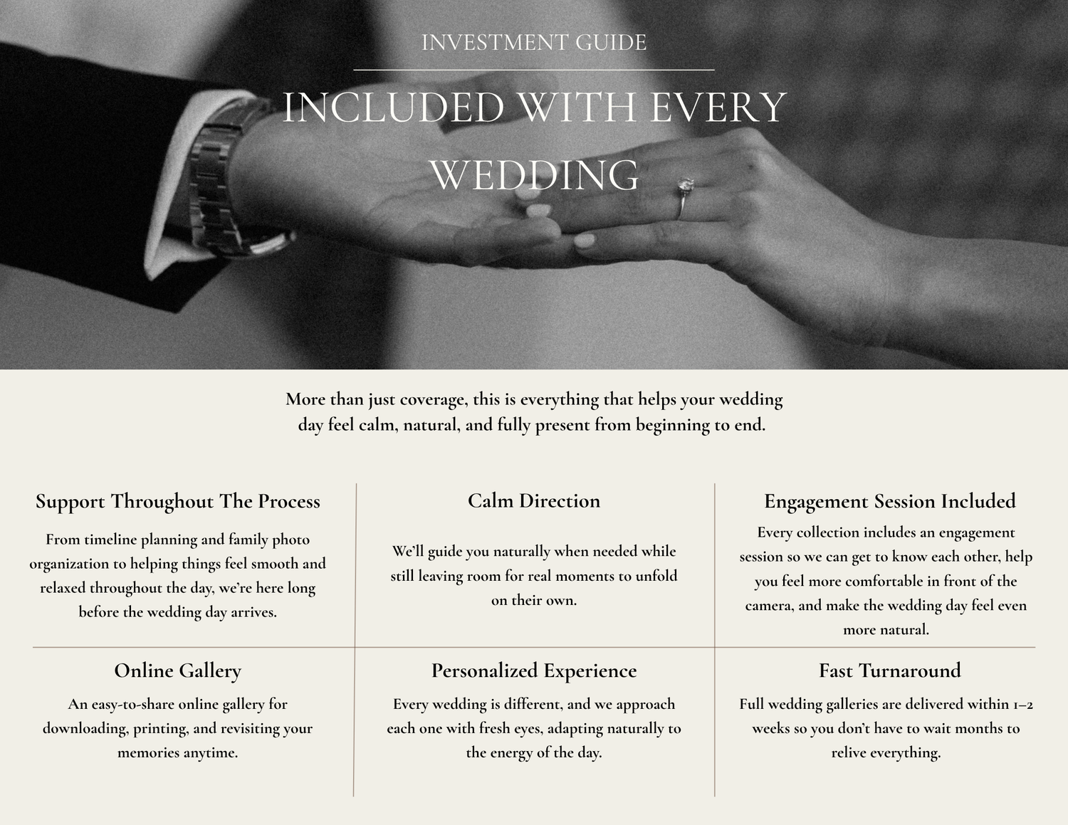 Elegant wedding investment guide featuring a couple holding hands, with details on photography services included with every wedding package.