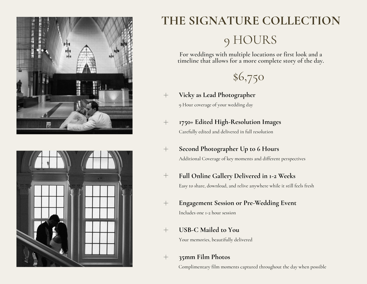 Elegant wedding photography collection brochure featuring romantic ceremony and couple portrait shots in a classic church setting.