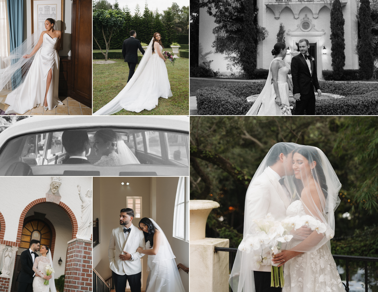 Elegant bride and groom wedding photo collage featuring stunning white gown, cathedral veil, and romantic outdoor portraits.