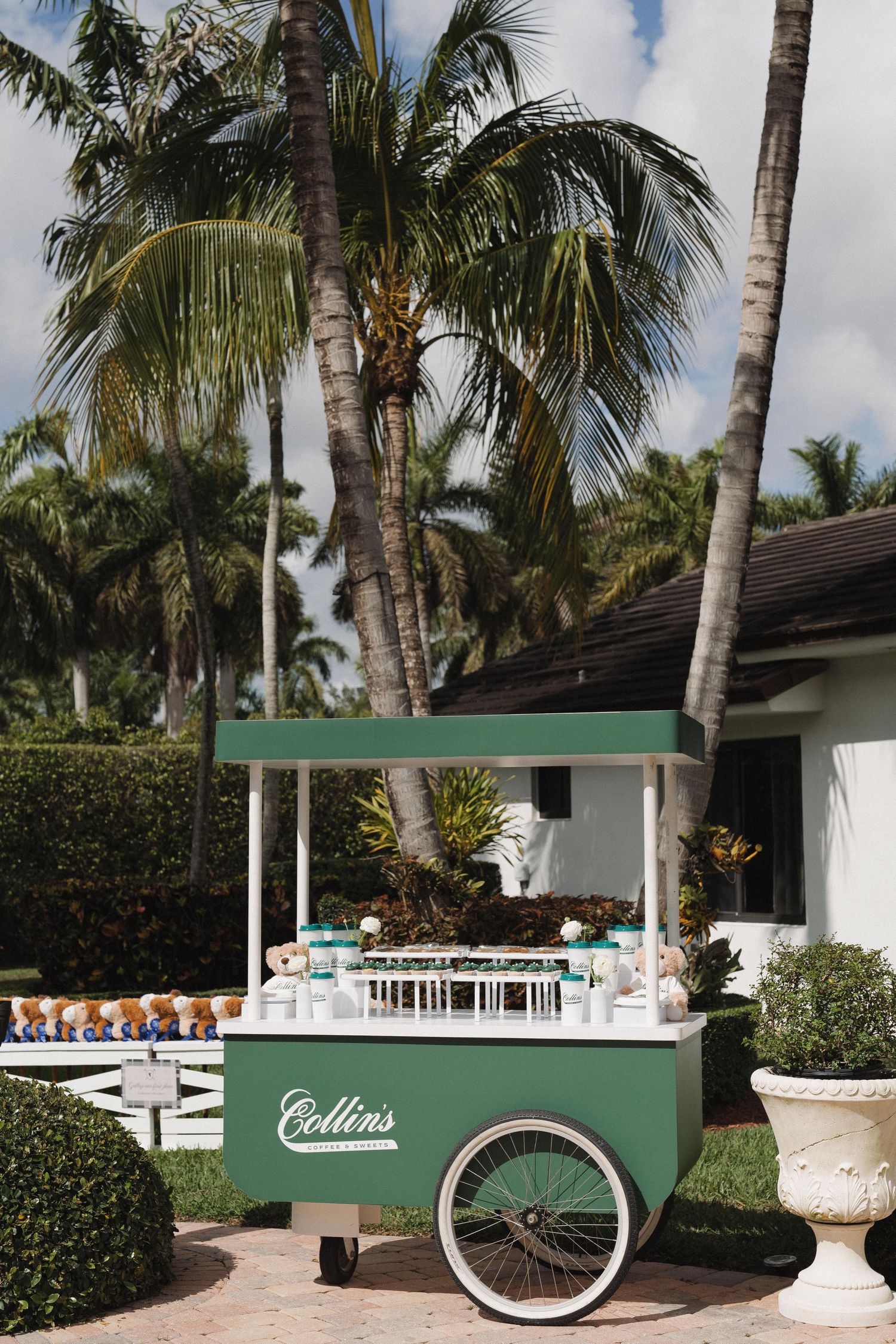 Vintage green and white Collins ice cream cart under tropical palm trees.