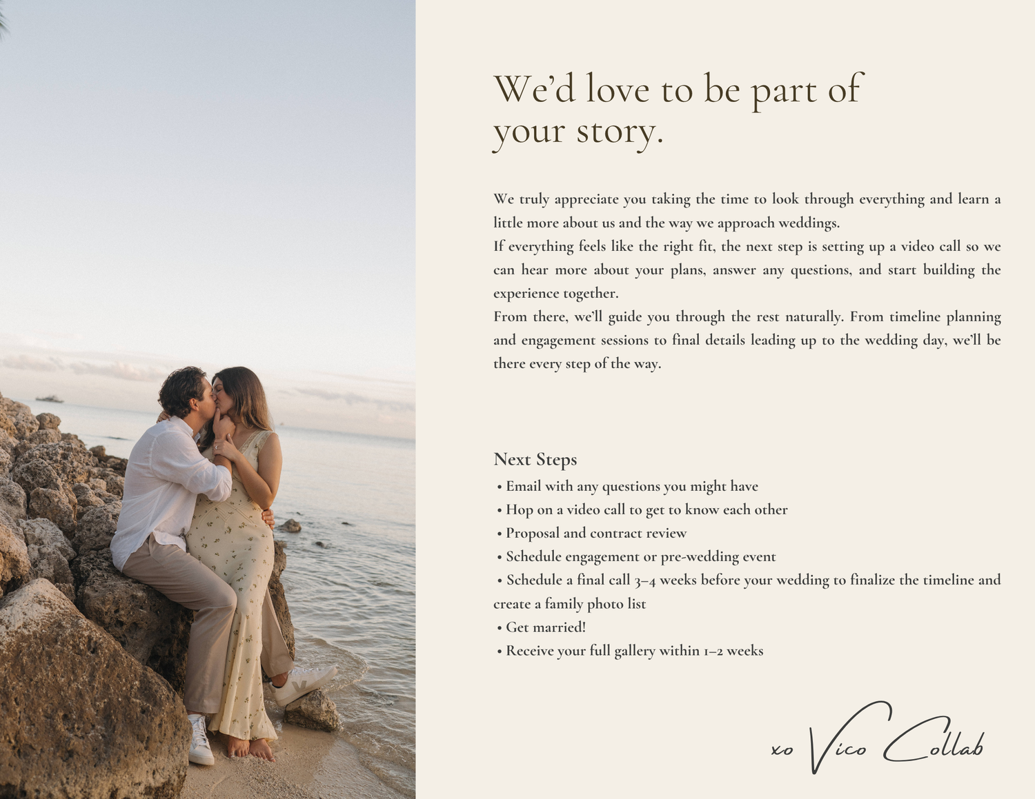 Romantic couple sharing a tender kiss on rocky coastal cliffs at sunset, dressed in elegant wedding attire.