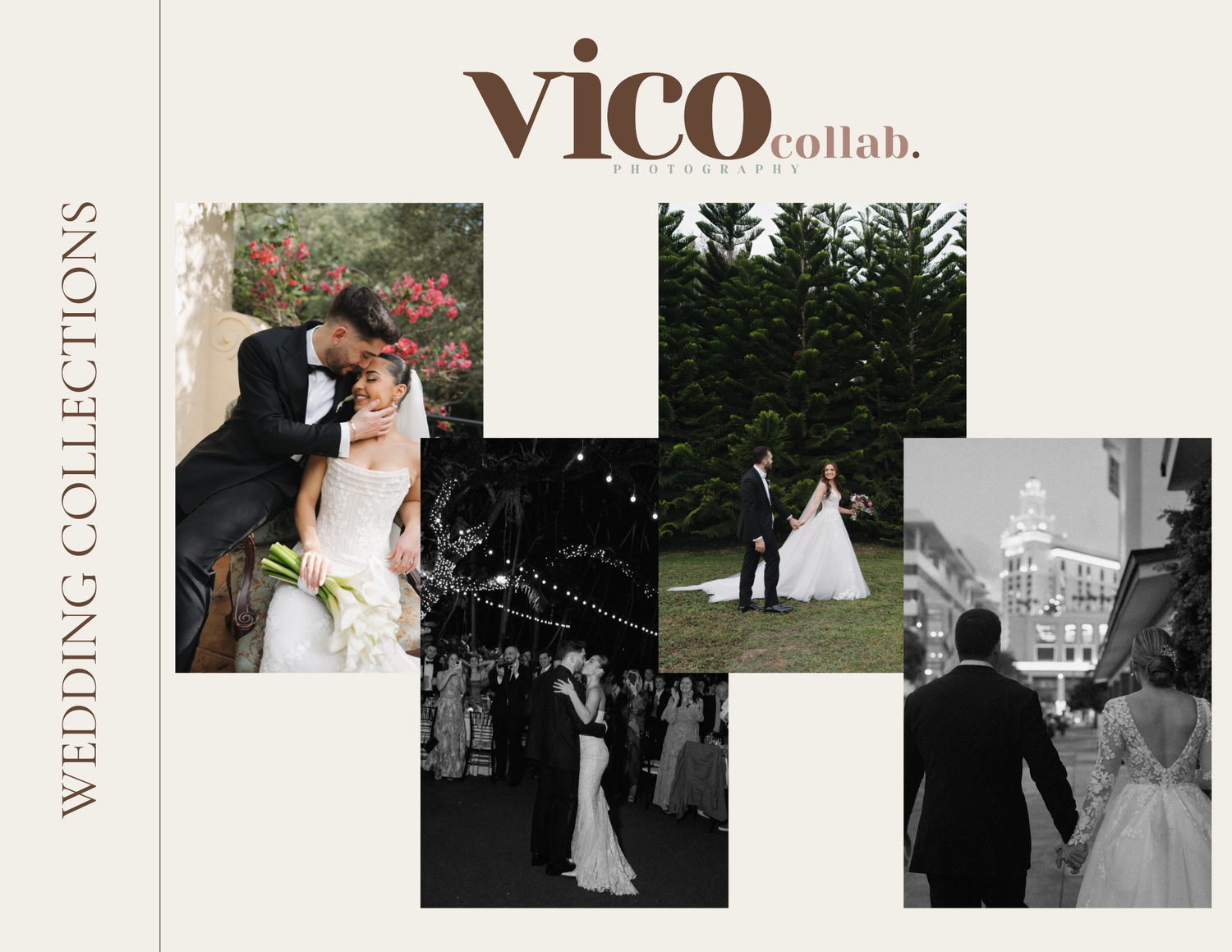 Vico Collab wedding collections mood board featuring elegant bride and groom photos in romantic outdoor and urban settings.
