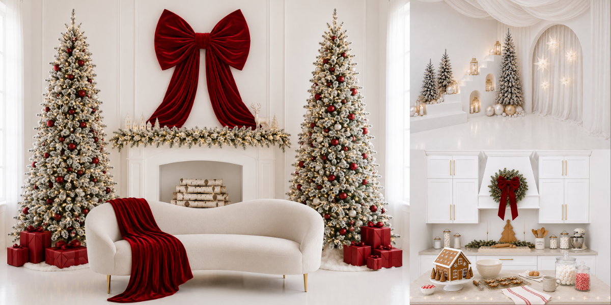 Elegant white Christmas room with red bows, frosted trees, gifts, and a cozy sofa beside a decorated fireplace.