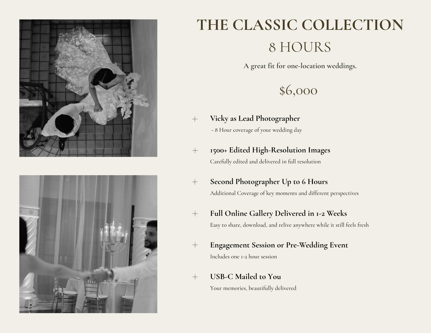 Black and white wedding photo collage featuring bride portraits for classic 8-hour photography collection priced at $6000.