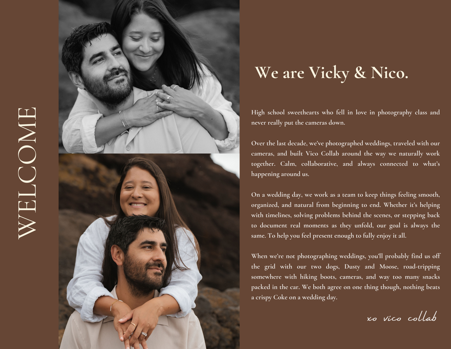 Wedding photographers Vicky and Nico smiling together outdoors, showcasing their warm and natural photography style.