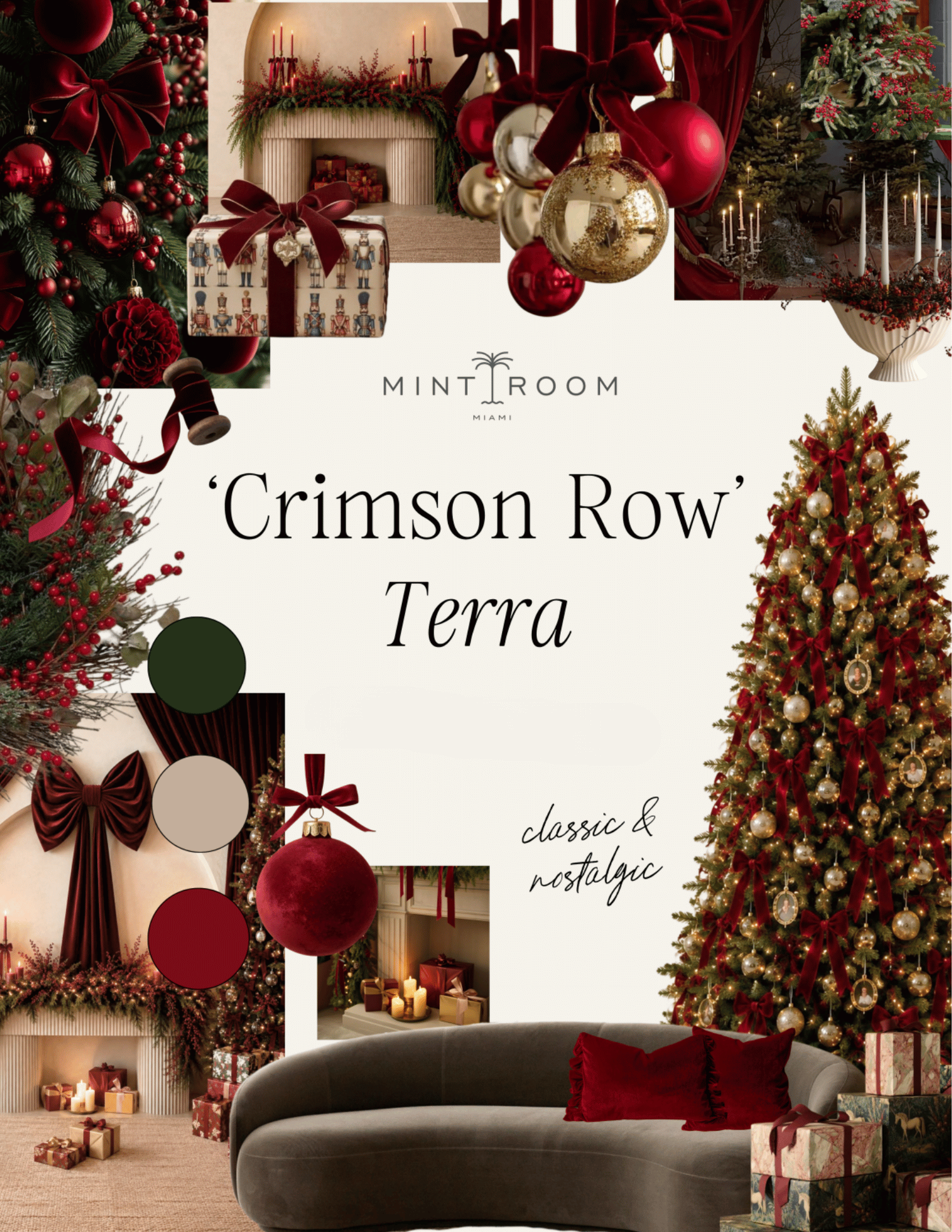 Crimson Row Terra classic Christmas mood board by Mint Room featuring red and gold ornaments, decorated trees, and festive decor.