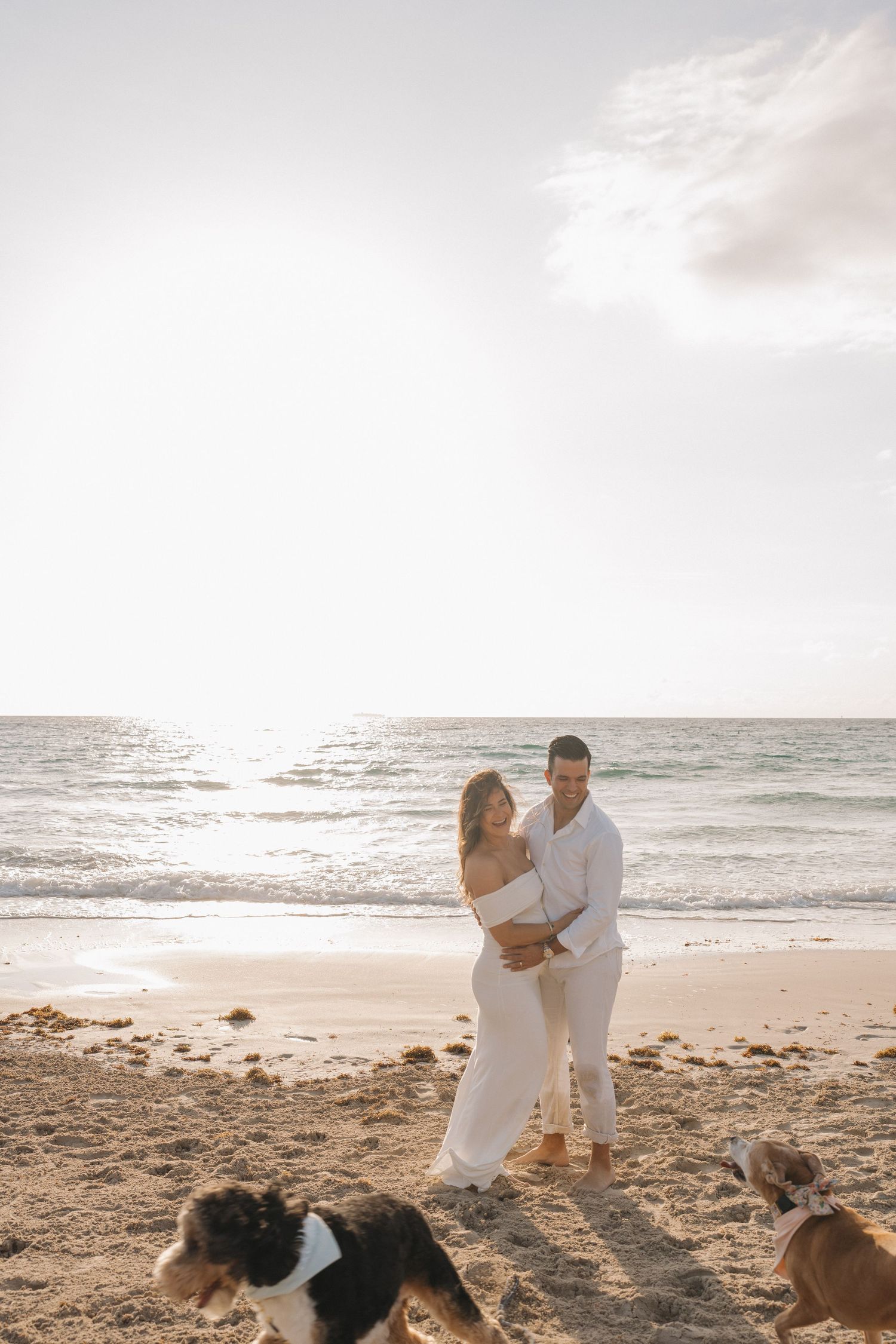 Couple in white clothing embraces on sandy beach with dogs nearby at sunset.