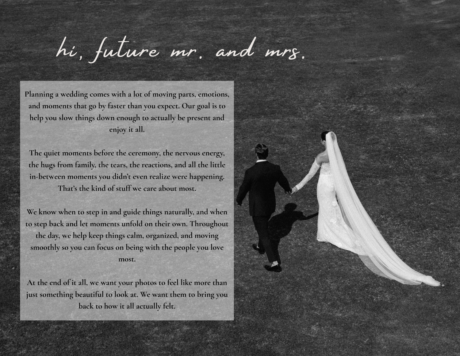 Black and white photo of a couple walking in a field with wedding planning text overlay for future bride and groom.