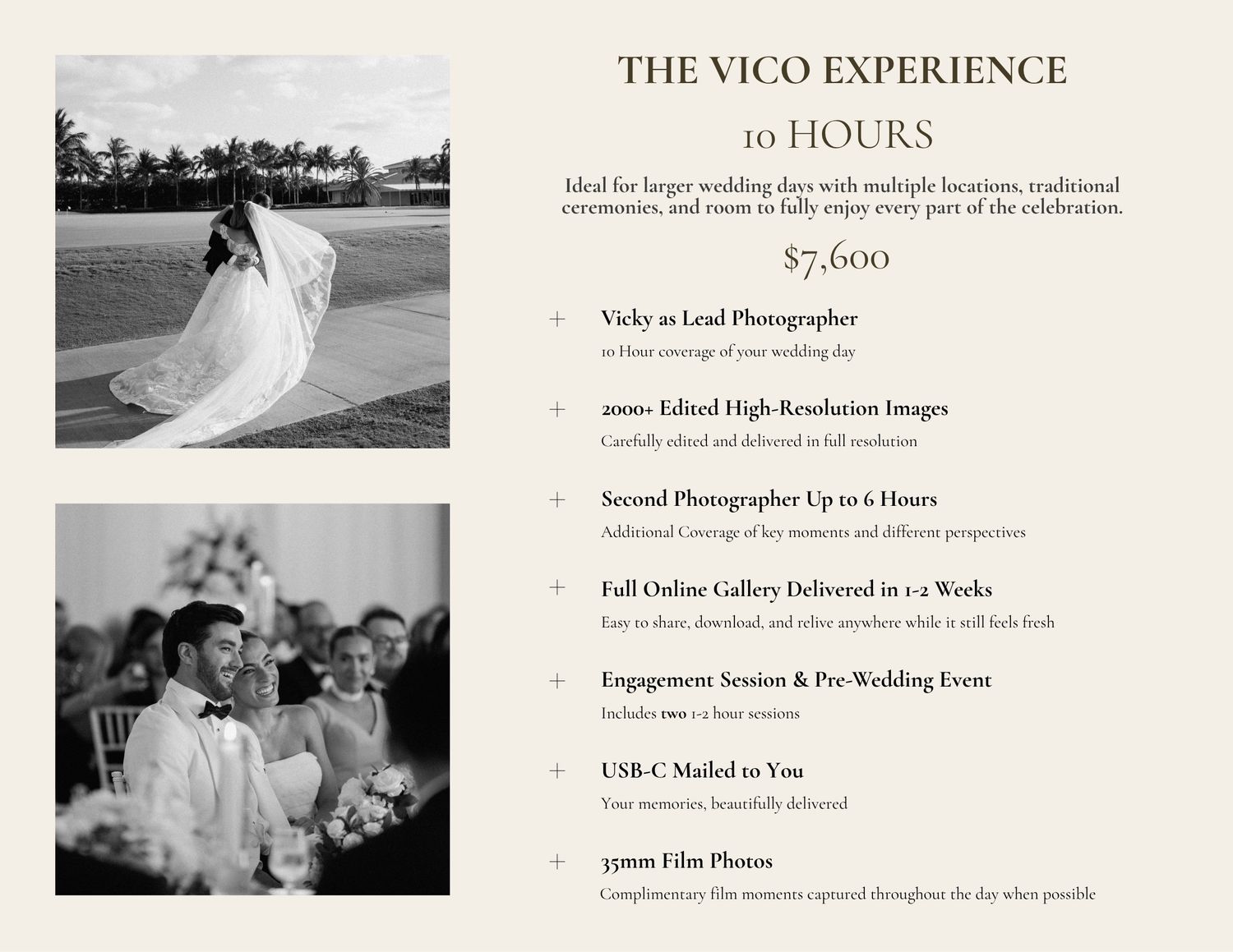 Elegant wedding photography package brochure featuring bride in white gown and groom in tuxedo for The Vico Experience.