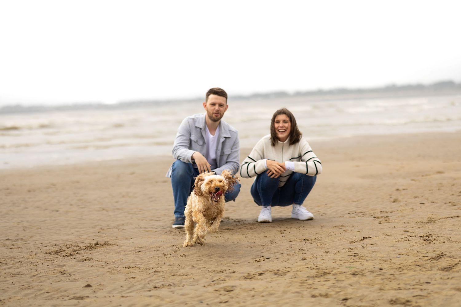 A couple relaxes with their dog on a wide sandy beach.