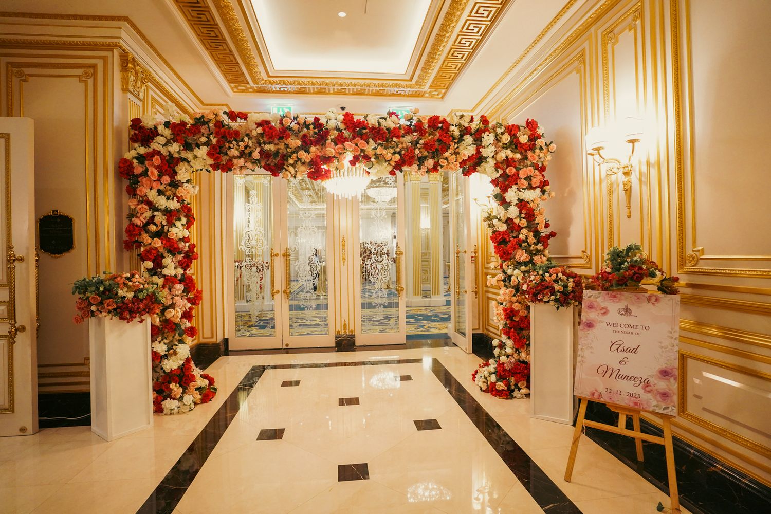 canopy of fairy lights for an evening reception, designed to elevate the ambiance of a high-end multicultural wedding celebration.
