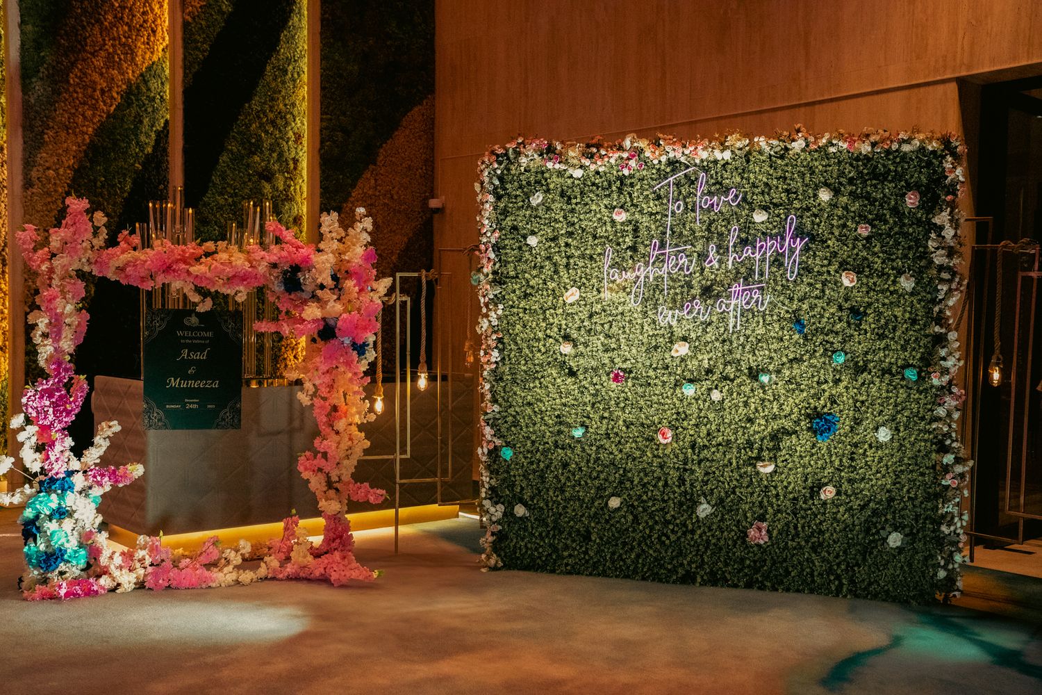whimsical garden-style reception setup designed to elevate the ambiance of a high-end multicultural wedding celebration.