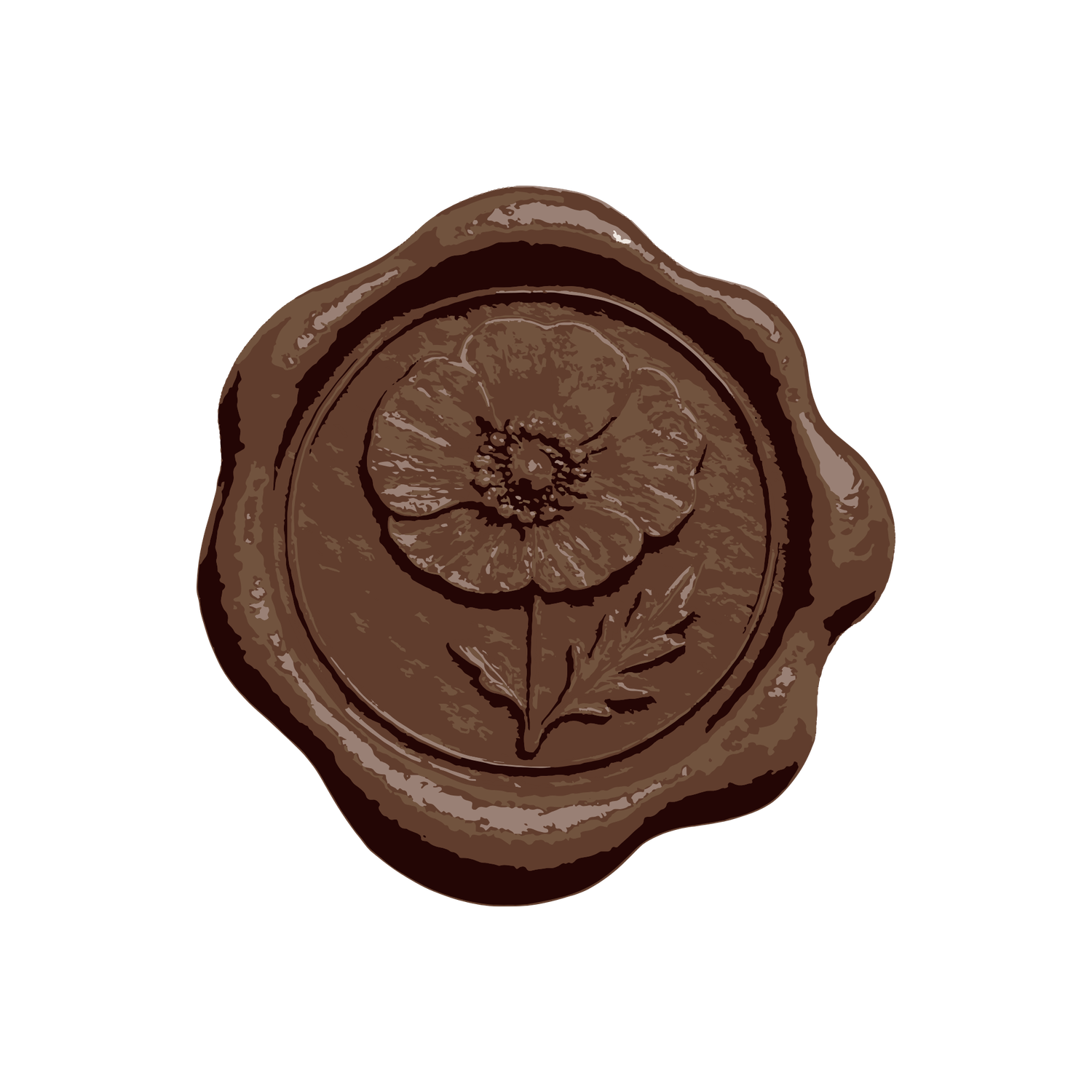 Brown wax seal stamp featuring an embossed anemone flower with stem and leaves design.