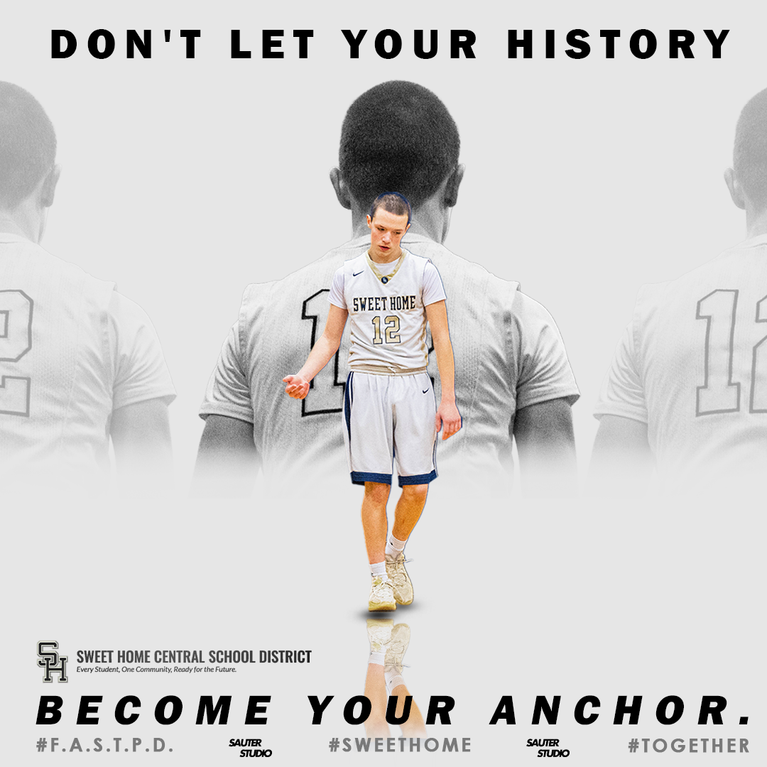 A series of black and white athletic posters showing a child in sports uniform with motivational text about history.