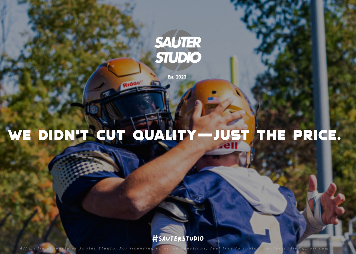 Football player wearing navy blue uniform and yellow helmet with text overlay about quality and price.