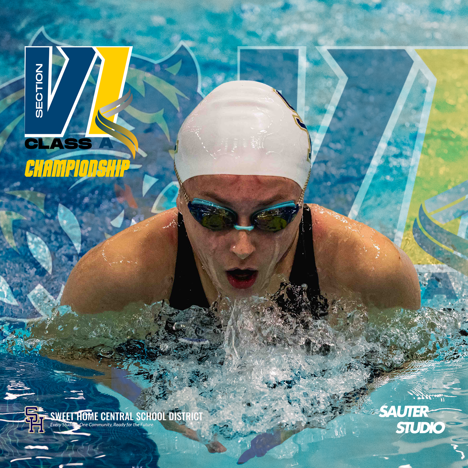 Competitive swimmer performing breaststroke technique in a pool with splashing water during intense training.