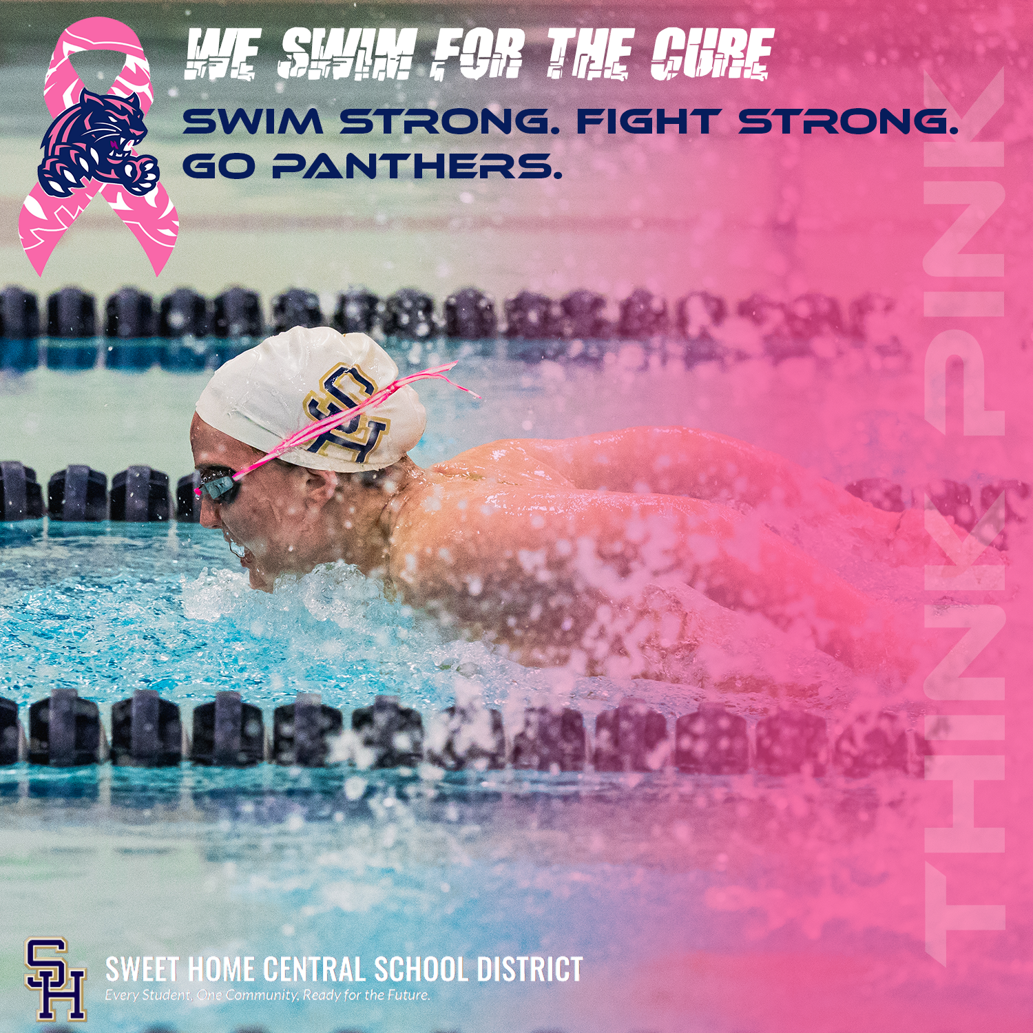 Pink-themed breast cancer awareness swimming poster showing athlete in competitive butterfly stroke at indoor pool.