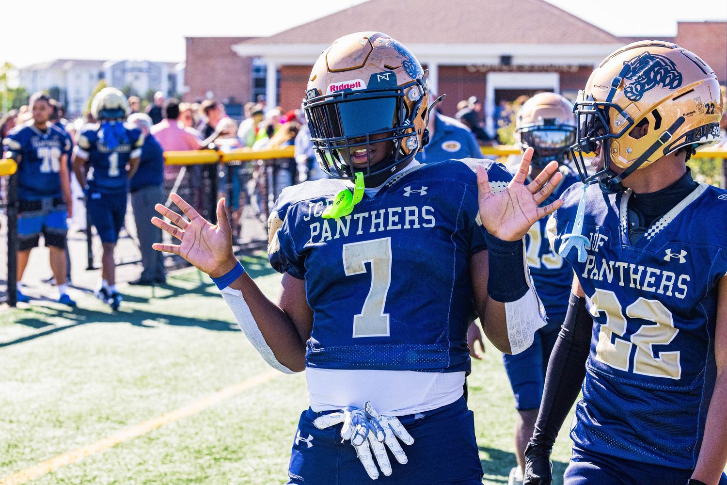 Panthers football players #7 and #22 in blue uniforms celebrate on the sideline during a sunny game day.