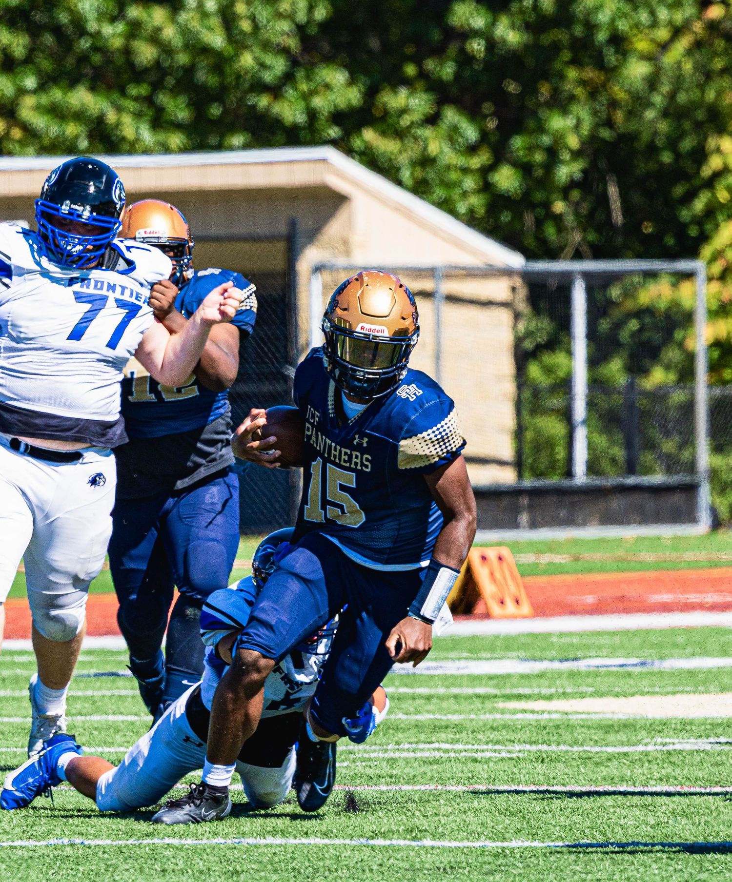 High school football player number 15 in gold and blue uniform runs with the ball during a sunny game.