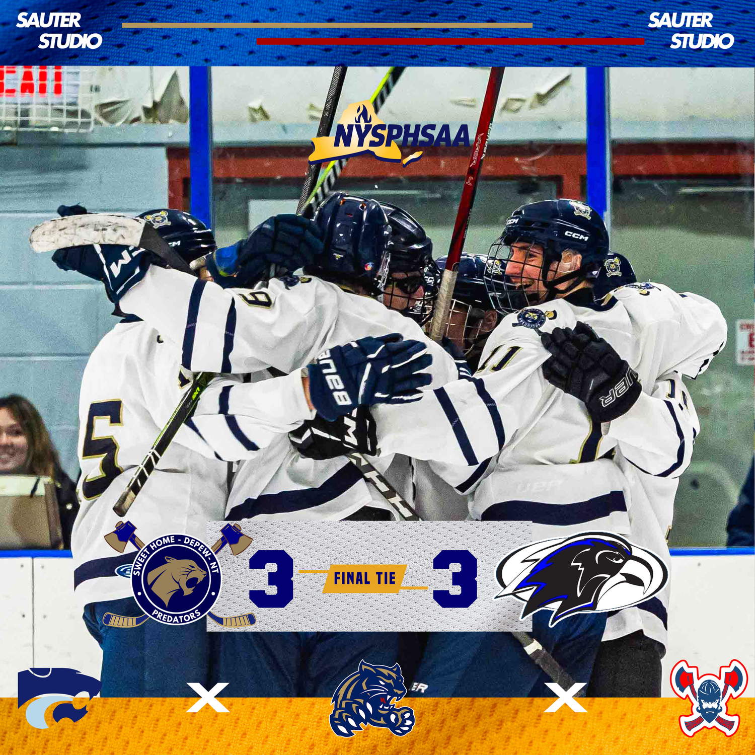 Hockey players in white jerseys celebrate together after scoring during a game with a 3-3 final tie score.