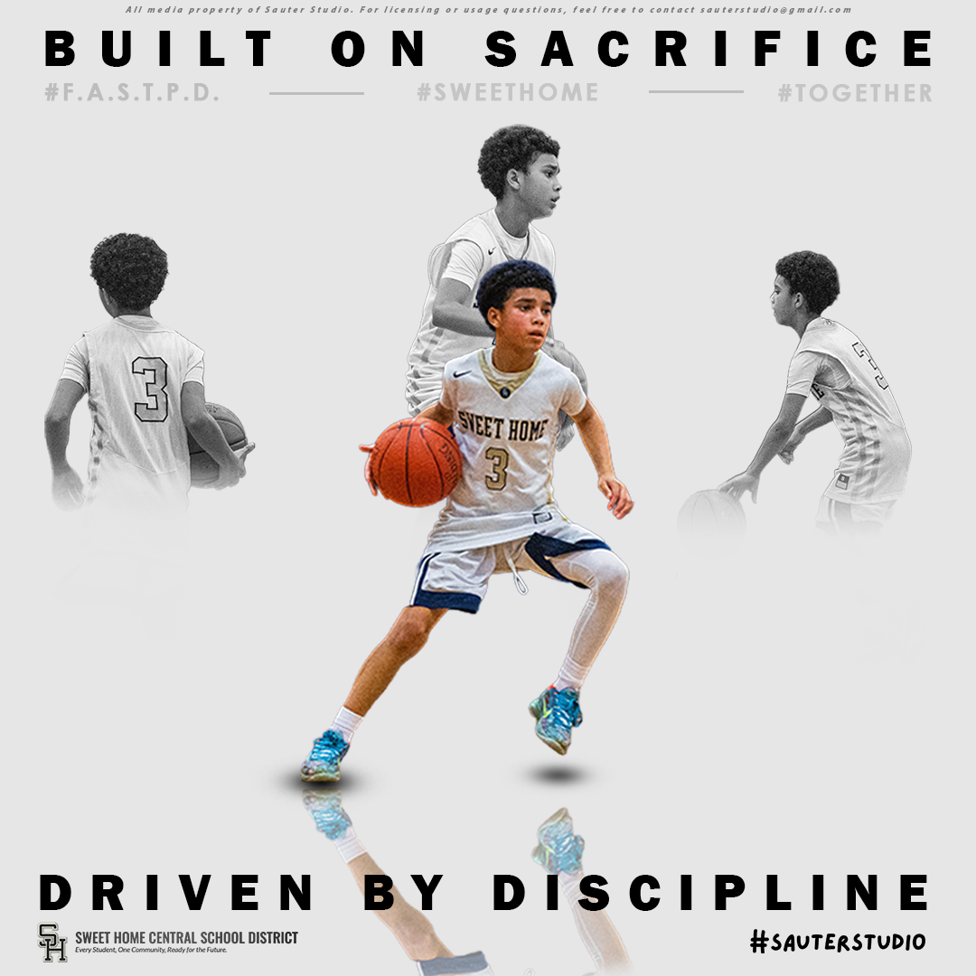 Black and white basketball training montage showing player dribbling with text 'Built on Sacrifice' and 'Driven by Discipline'.