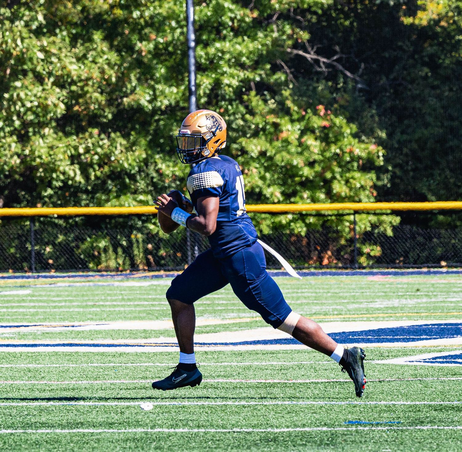 Football player in navy uniform and gold helmet drops back to pass on a blue turf field during a sunny game.
