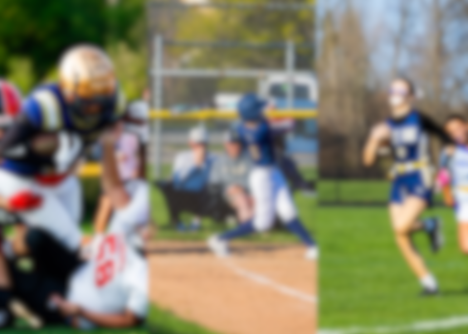 Blurred action shot of athletes playing on sports field.
