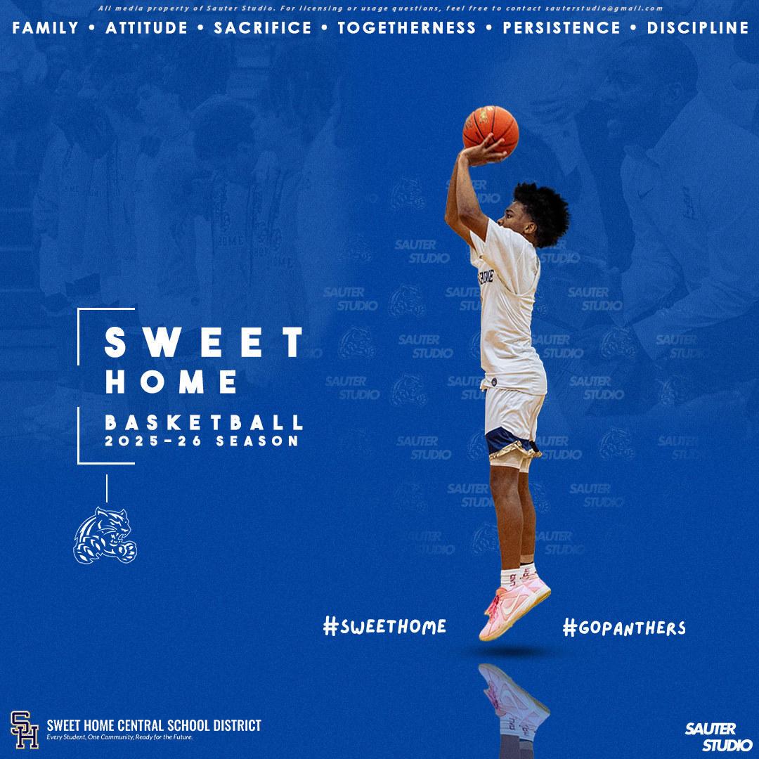 Basketball player in white jersey leaps high to take a shot against blue background with team values and text overlay.