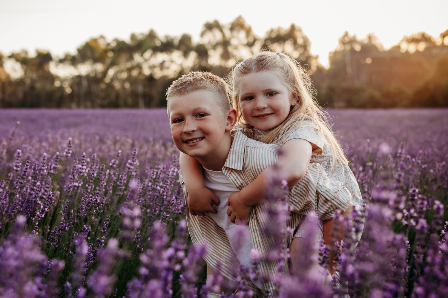 Boy giving his sister a piggyback standing in a field of Lavender - Adelaide family photographer - Raised by Water Photography