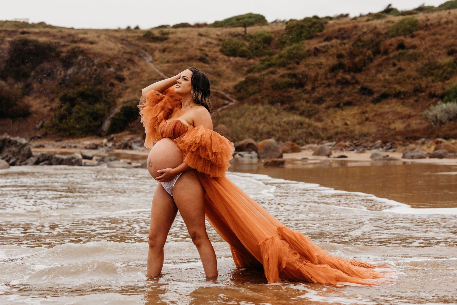 Maternity portrait of expecting mum in dramatic big gown outdoors – South Australia maternity photographer