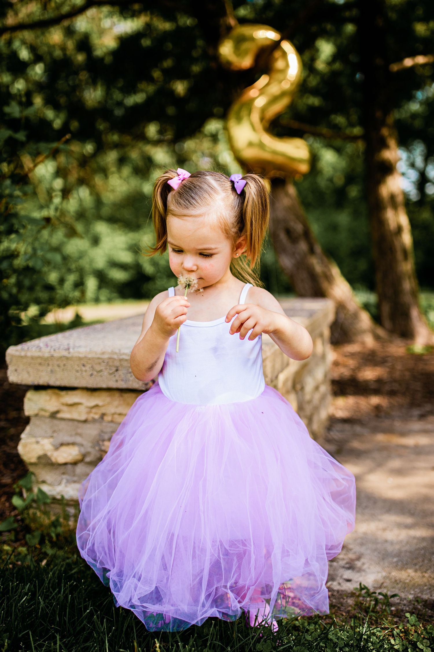 Little girl in purple tulle dress twirls at outdoor birthday party with gold number 2 balloon.