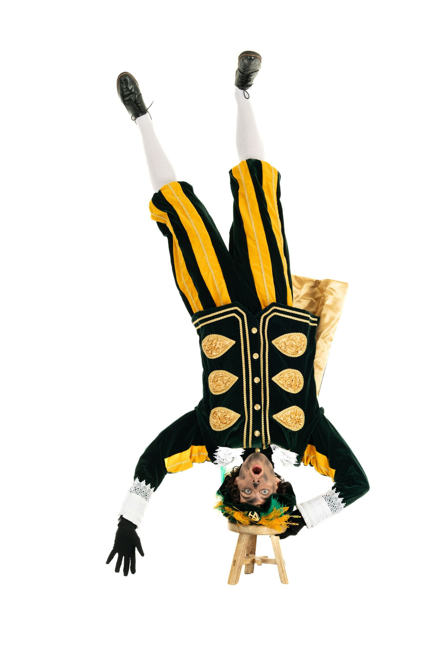 Cartoon character in black and yellow striped medieval costume shown in dynamic positions.