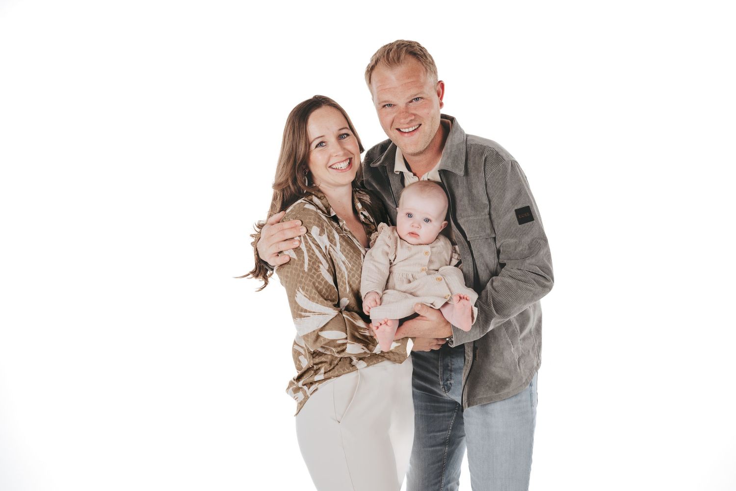 Family portrait series with neutral tones against white background.