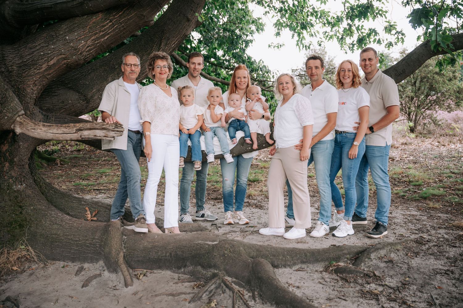 Multi-generational family portrait session under large tree branches.